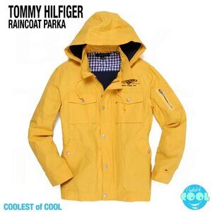 Rare Tommy Hilfiger rain jacket parka mens size XL mustard yellow pockets hood